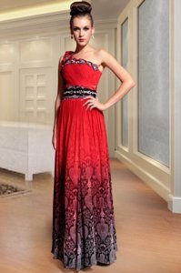 Fine One Shoulder Red And Black Chiffon Side Zipper Prom Party Dress Sleeveless Floor Length Beading and Pattern and Pleated