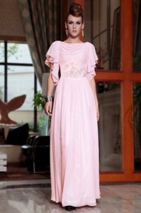 Cheap Beading and Ruching Prom Dress Pink Side Zipper Cap Sleeves Ankle Length