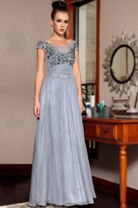 Custom Designed Grey Side Zipper Scoop Beading and Sequins and Ruching and Belt Mother Of The Bride Dress Chiffon Cap Sleeves