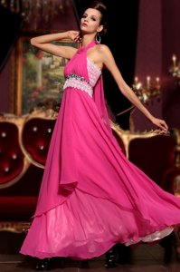Pretty Hot Pink Zipper Halter Top Beading and Lace Evening Gowns Chiffon Sleeveless