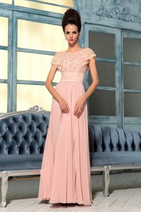 Delicate Floor Length Baby Pink and Rose Pink Military Ball Gowns Bateau Cap Sleeves Side Zipper