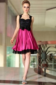 Inexpensive Black and Hot Pink Side Zipper Homecoming Gowns Beading Sleeveless Knee Length
