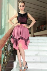 Flare Scoop Sleeveless Asymmetrical Beading and Lace Side Zipper Womens Party Dresses with Black and Baby Pink
