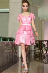 Custom Made Rose Pink Empire Square Cap Sleeves Chiffon Mini Length Side Zipper Belt Homecoming Gowns