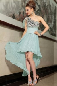 Classical One Shoulder High Low Light Blue Cocktail Dresses Chiffon Sleeveless Pleated
