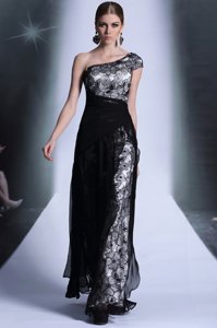 Latest One Shoulder Lace Embroidery Black Side Zipper Sleeveless Floor Length
