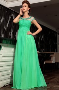 Scoop Floor Length Side Zipper Homecoming Dress Green and In for Prom and Party with Beading and Ruching