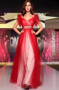 Inexpensive Red Sleeveless Organza Zipper Prom Evening Gown for Prom and Party