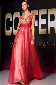 Fancy Red V-neck Side Zipper Appliques and Belt Prom Gown Short Sleeves