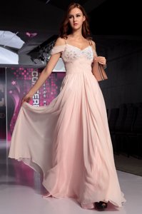 Hot Selling Chiffon Spaghetti Straps Short Sleeves Backless Beading and Ruching Prom Party Dress in Pink