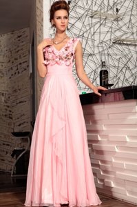 Cheap Baby Pink Empire Appliques Prom Gown Zipper Satin Sleeveless Floor Length