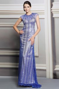 Vintage Satin Scoop Sleeveless Backless Beading and Sequins Prom Evening Gown in Blue
