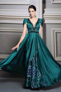 Admirable Empire Prom Evening Gown Olive Green V-neck Satin Short Sleeves Floor Length Zipper