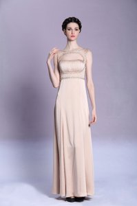 Unique Peach Bateau Neckline Beading and Ruching Evening Dress Sleeveless Backless