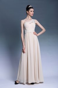 Inexpensive Champagne One Shoulder Neckline Beading and Ruching Homecoming Party Dress Sleeveless Side Zipper