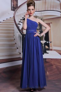 Ideal One Shoulder Royal Blue Ball Gowns Beading and Pleated Prom Party Dress Side Zipper Chiffon Sleeveless Floor Length
