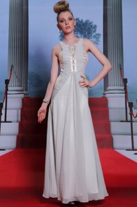 Amazing Scoop Sleeveless Floor Length Beading and Appliques and Ruching Side Zipper Evening Dress with Silver
