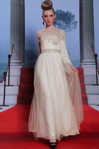Suitable One Shoulder Tulle 3|4 Length Sleeve Floor Length Prom Dresses and Beading and Appliques