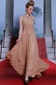 Popular Scoop Sleeveless Prom Party Dress Floor Length Beading and Sequins and Ruching Peach Chiffon