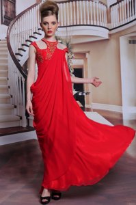 Clearance Column/Sheath Evening Dress Red Scoop Chiffon Sleeveless Floor Length Side Zipper