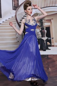 Fine Floor Length Zipper Evening Dress Royal Blue and In for Prom and Party with Sequins and Pleated