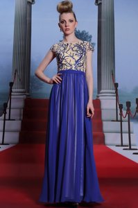 Shining Scoop Cap Sleeves Floor Length Embroidery and Sequins Zipper Prom Evening Gown with Royal Blue