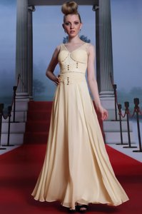 Fashionable Floor Length Light Yellow Prom Evening Gown Chiffon Sleeveless Beading and Ruching