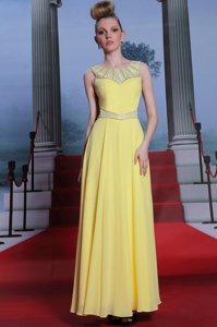 Pretty Scoop Lace Prom Party Dress Yellow Side Zipper Sleeveless Floor Length
