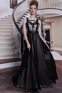 Elegant Floor Length Black Prom Dress Straps Sleeveless Criss Cross
