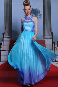 Shining Scoop Floor Length Zipper Prom Party Dress Baby Blue and In for Prom with Beading and Belt