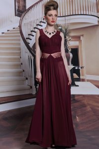 Modest Dark Purple Sleeveless Floor Length Beading and Ruching Zipper Prom Party Dress