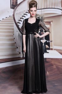 Black V-neck Neckline Lace and Pleated Military Ball Dresses For Women Half Sleeves Zipper