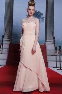 Modern One Shoulder Floor Length Side Zipper Evening Dress Baby Pink and In for Prom and Party with Appliques and Ruching