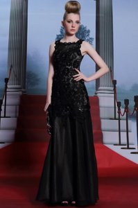 Graceful Satin Scoop Sleeveless Zipper Beading and Lace and Hand Made Flower Prom Party Dress in Black