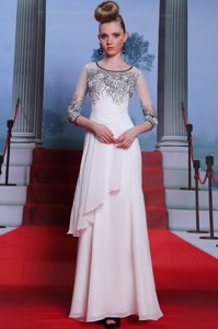 Designer Scoop White Empire Beading and Appliques Prom Dresses Zipper Chiffon 3|4 Length Sleeve Floor Length