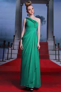 Chic Turquoise Chiffon Side Zipper One Shoulder Sleeveless Floor Length Prom Evening Gown Beading and Ruching