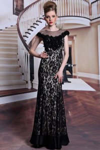 Adorable Scoop Floor Length Zipper Prom Gown Black and In for Prom and Party with Beading and Lace and Hand Made Flower