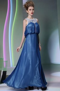 Delicate Scoop Blue Zipper Prom Evening Gown Beading Sleeveless Floor Length