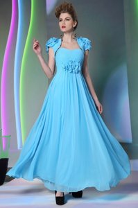 Custom Design Sweetheart Cap Sleeves Homecoming Dress Floor Length Beading and Hand Made Flower Baby Blue Chiffon
