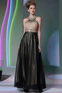 Cheap Halter Top Floor Length Empire Sleeveless Black and Champagne Prom Evening Gown Side Zipper