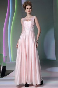 Suitable Baby Pink Empire Silk Like Satin Scoop Sleeveless Beading Floor Length Zipper Prom Dress