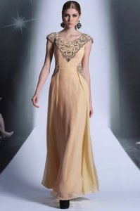 Latest Peach Chiffon Side Zipper Scoop Cap Sleeves Floor Length Homecoming Dress Beading and Appliques