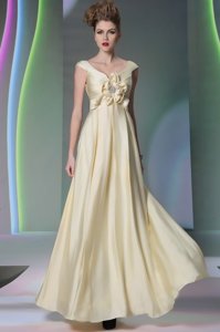 Scoop Light Yellow Cap Sleeves Chiffon Side Zipper Prom Gown for Prom and Party