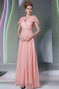 Great Pink Cap Sleeves Floor Length Beading and Ruching Side Zipper Evening Dress