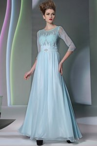 Custom Designed Scoop Half Sleeves Chiffon Ankle Length Zipper Prom Evening Gown in Light Blue for with Beading