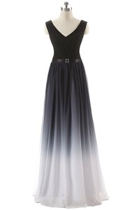 Customized Black Prom Evening Gown Prom and Party and For with Ruching and Belt V-neck Sleeveless Lace Up