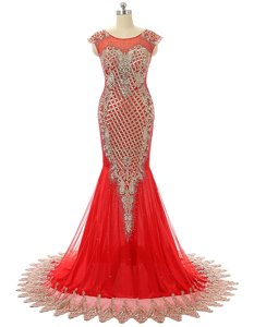Best Selling Scoop Sleeveless Prom Dresses Brush Train Beading and Lace Red Satin