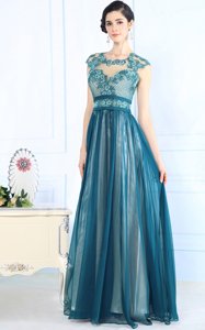 New Style Scoop Sleeveless Chiffon Floor Length Zipper in Teal for with Lace