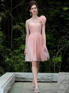 Glorious One Shoulder Knee Length Peach Homecoming Party Dress Tulle Sleeveless Beading and Hand Made Flower