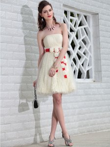Amazing Tulle and Lace Strapless Sleeveless Backless Belt and Hand Made Flower Prom Evening Gown in White
